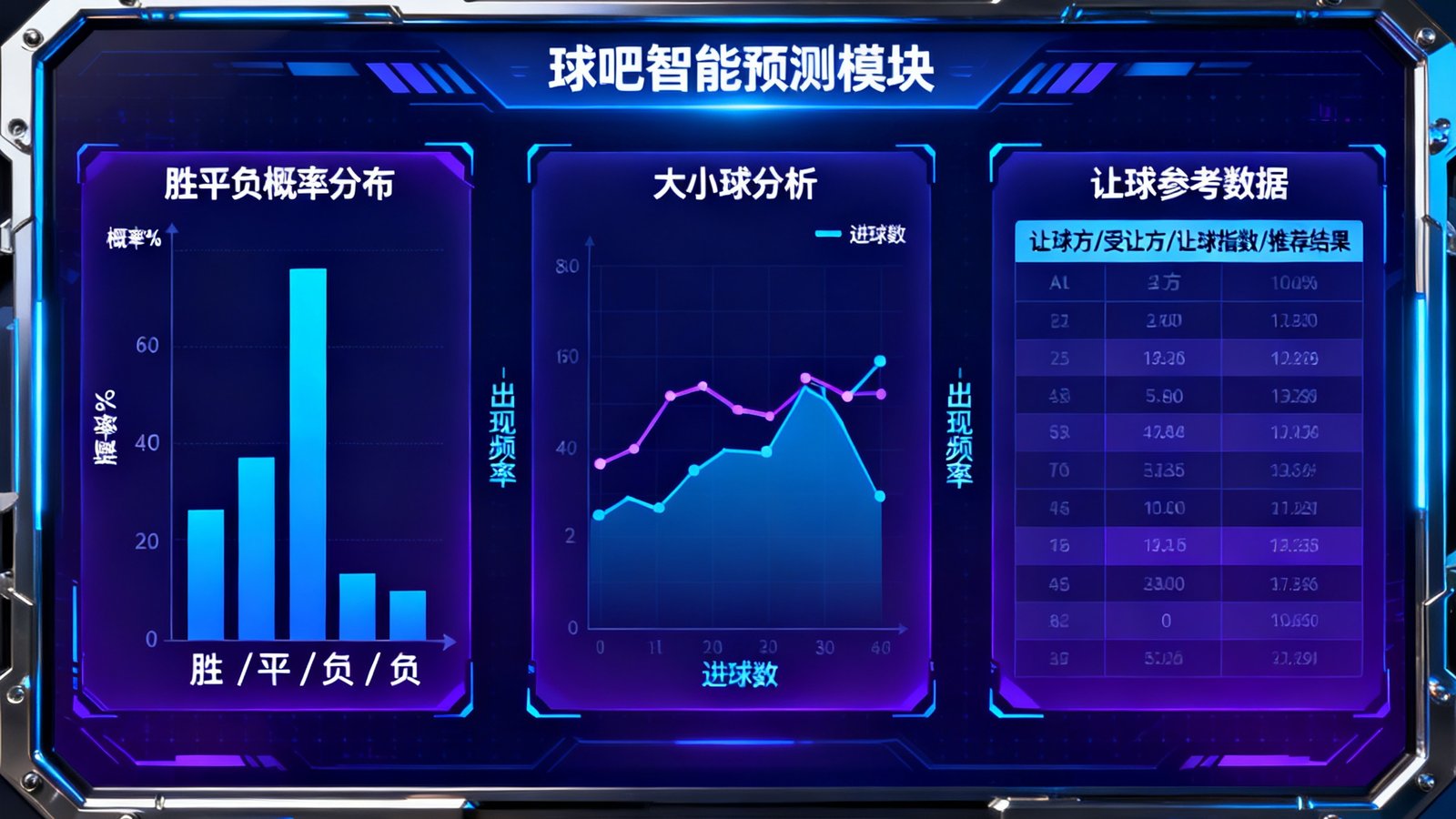 球吧智能预测模块展示胜平负概率分布图、大小球分析和让球参考数据，AI模型基于历史数据运算